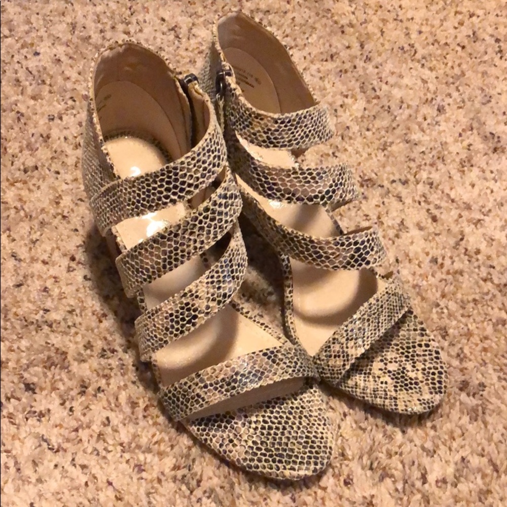 Strappy snakeskin chunky heel sandals